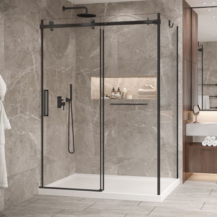 Porte de douche 60 po x Bellini 2.0 42 po en coin noir mat fermeture sur mur mur à gauche porte à gauche