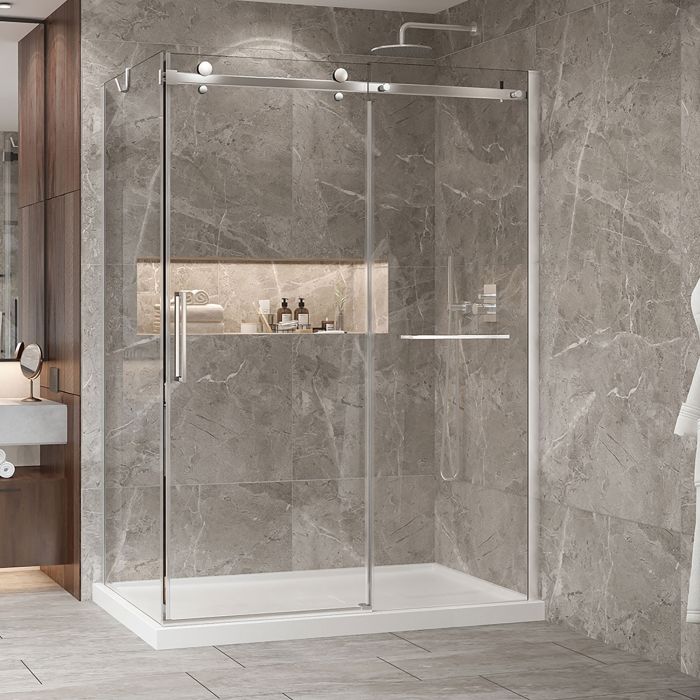 Porte de douche 60 po x Bellini 2.0 32 po en coin chrome fermeture sur retour mur à droite porte à gauche