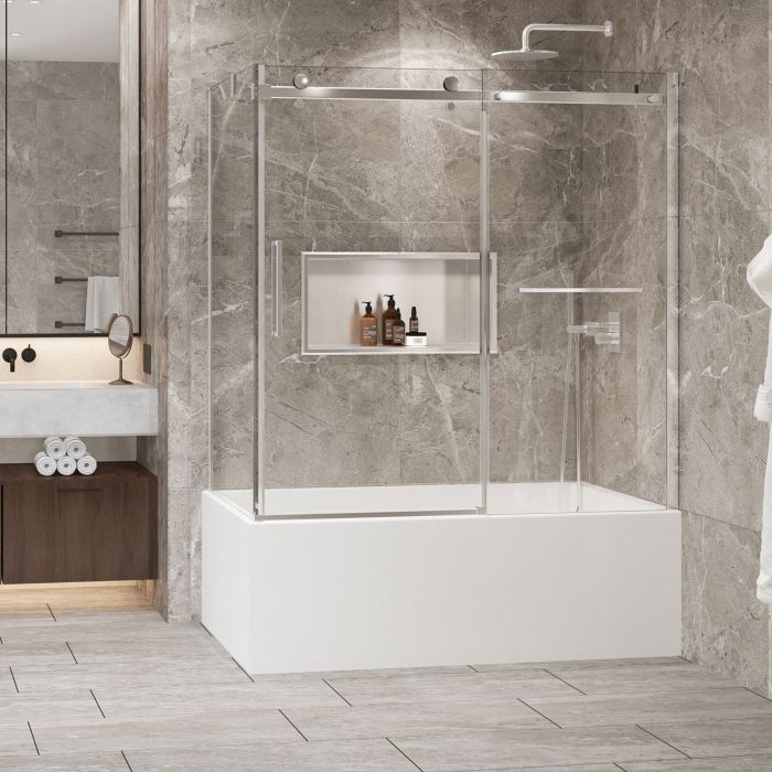 Porte de baignoire 60 po x Bellini 2.0 32 po en coin chrome fermeture sur retour mur à droite porte à gauche