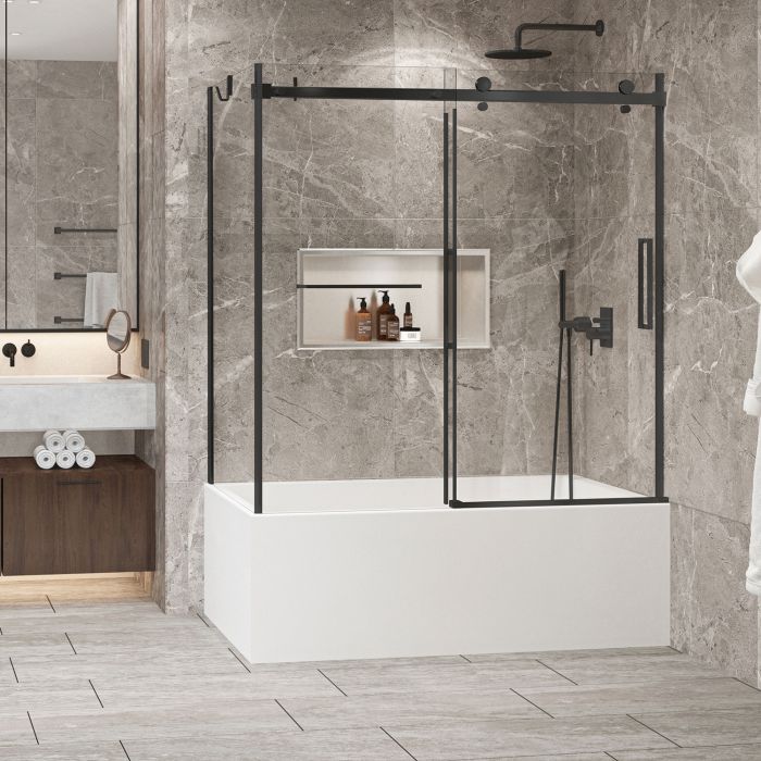 Porte de baignoire 60 po x Bellini 2.0 32 po en coin noir mat fermeture sur mur mur à droite porte à droite