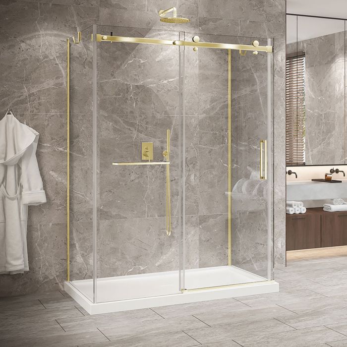 Porte de douche 60 po x Bellini 2.0 32 po or brossé sur mur en or brossé