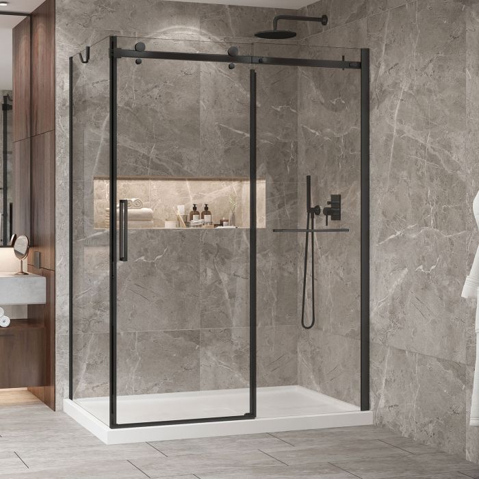 Porte de douche 60 po x Bellini 2.0 36 po en coin noir mat fermeture sur retour mur à droite porte à gauche