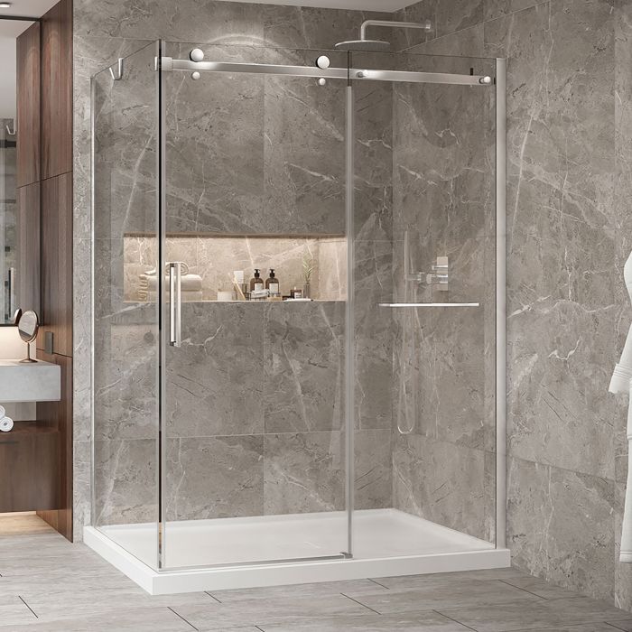 Porte de douche 60 po x Bellini 2.0 42 po en coin chrome fermeture sur retour mur à droite porte à gauche