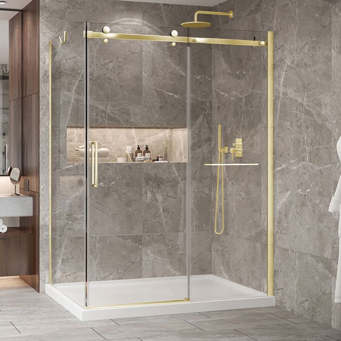 Porte de douche 60 po x Bellini 2.0 42 po en coin or brossé fermeture sur retour mur à droite porte à gauche en or brossé