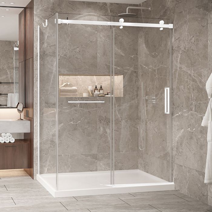 Porte de douche 60 po x Bellini 2.0 42 po en coin blanc mat fermeture sur mur mur à droite