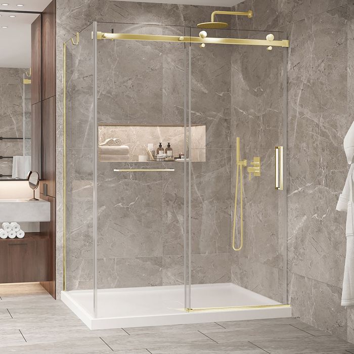 Porte de douche 60 po x Bellini 2.0 42 po en coin or brossé fermeture sur mur mur à droite en or brossé