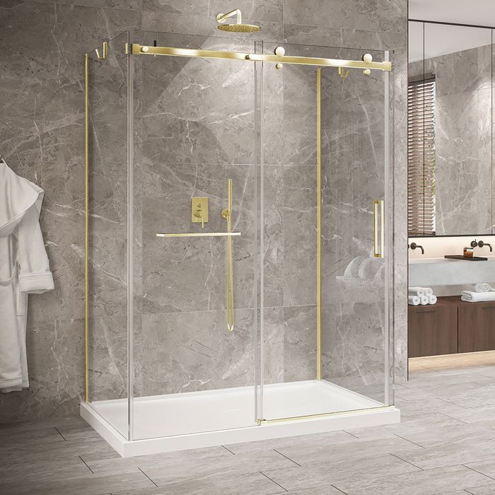 Porte de douche 60 po x Bellini 2.0 42 po or brossé sur mur en or brossé