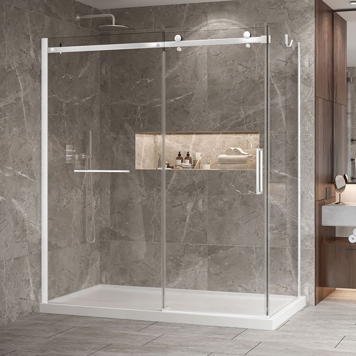 Porte de douche 72 po x Bellini 2.0 32 po en coin blanc mat fermeture sur retour mur à gauche porte à droite