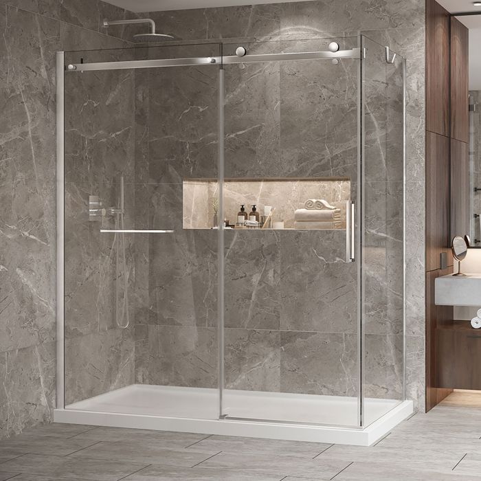 Porte de douche 72 po x Bellini 2.0 36 po en coin chrome fermeture sur retour mur à gauche porte à droite