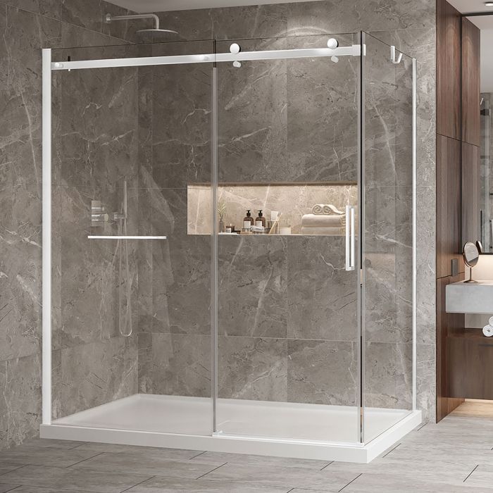 Porte de douche 72 po x Bellini 2.0 42 po en coin blanc mat fermeture sur retour mur à gauche porte à droite