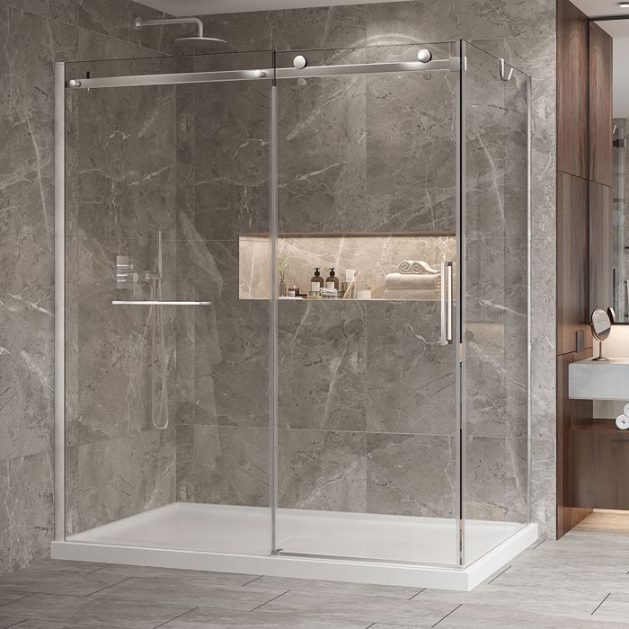 Porte de douche 72 po x Bellini 2.0 42 po en coin chrome fermeture sur retour mur à gauche porte à droite