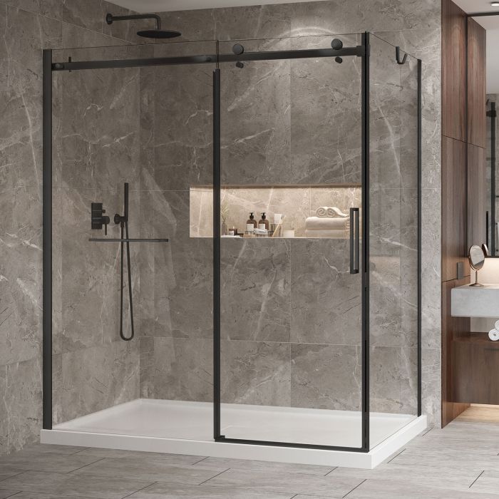 Porte de douche 72 po x Bellini 2.0 42 po en coin noir mat fermeture sur retour mur à gauche porte à droite