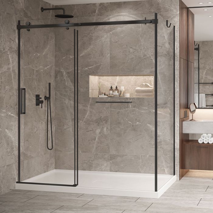 Porte de douche 72 po x Bellini 2.0 42 po en coin noir mat fermeture sur mur mur à gauche porte à gauche
