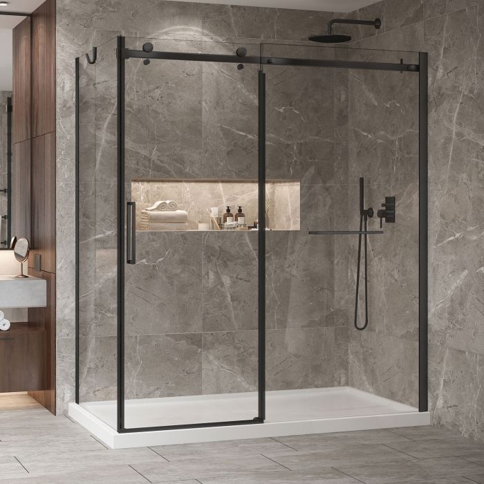Porte de douche 72 po x Bellini 2.0 32 po en coin noir mat fermeture sur retour mur à droite porte à gauche