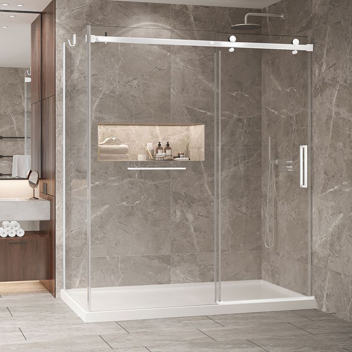 Porte de douche 72 po x Bellini 2.0 32 po en coin blanc mat fermeture sur mur mur à droite porte à droite