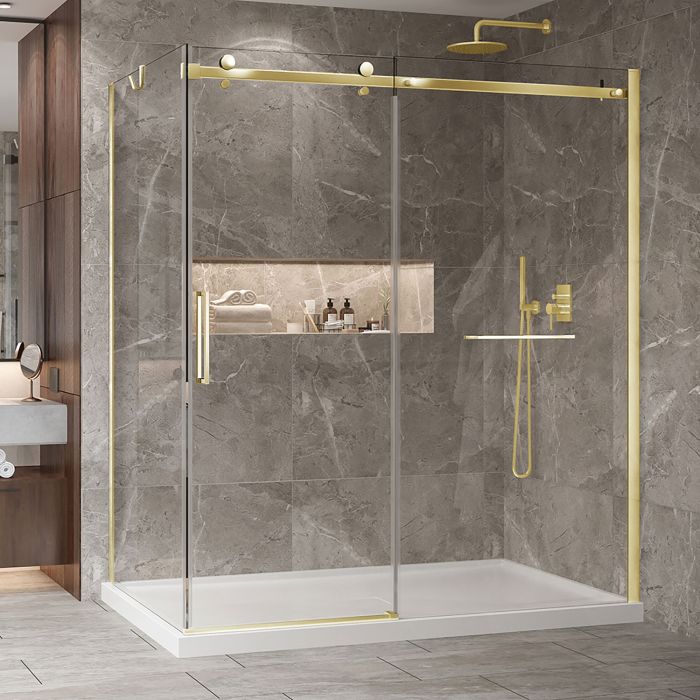 Porte de douche 72 po x Bellini 2.0 42 po en coin or brossé fermeture sur retour mur à droite porte à gauche en or brossé