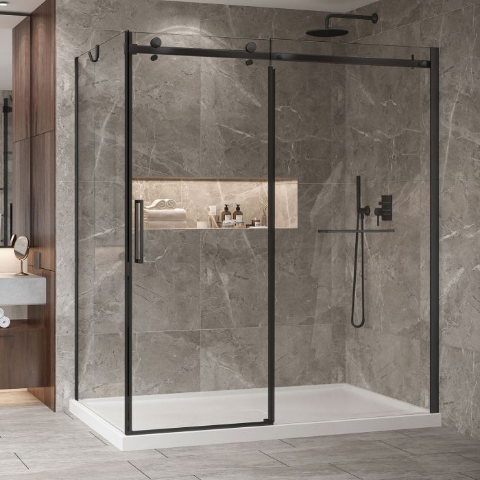 Porte de douche 72 po x Bellini 2.0 42 po en coin noir mat fermeture sur retour mur à droite porte à gauche
