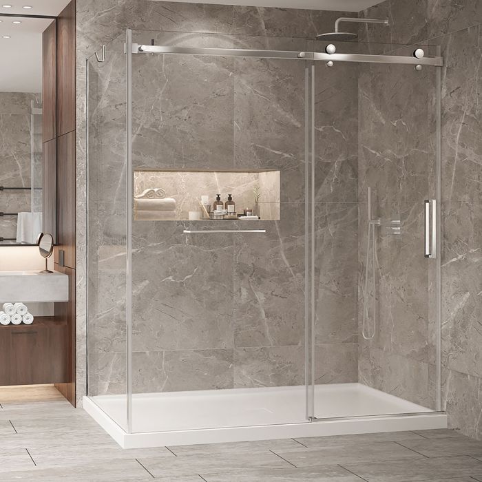Porte de douche 72 po x Bellini 2.0 42 po en coin chrome fermeture sur mur mur à droite
