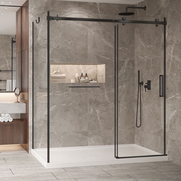 Porte de douche 72 po x Bellini 2.0 42 po en coin noir mat fermeture sur mur mur à droite
