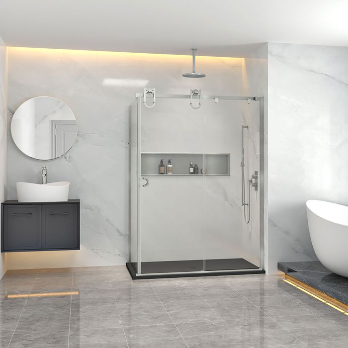 Porte de douche Barn en coin fermeture sur retour mur à droite porte à gauche en inox brossé
