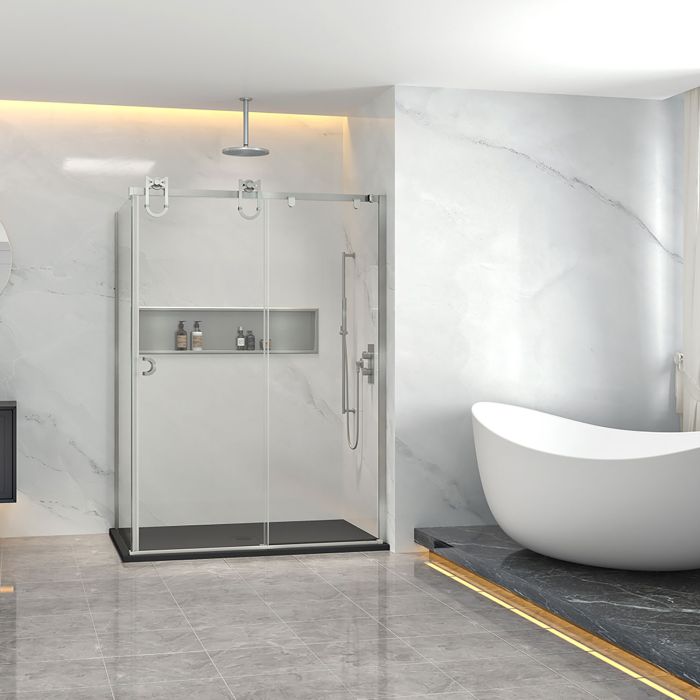 Porte de douche Barn en coin fermeture sur retour mur à droite porte à gauche en inox brossé