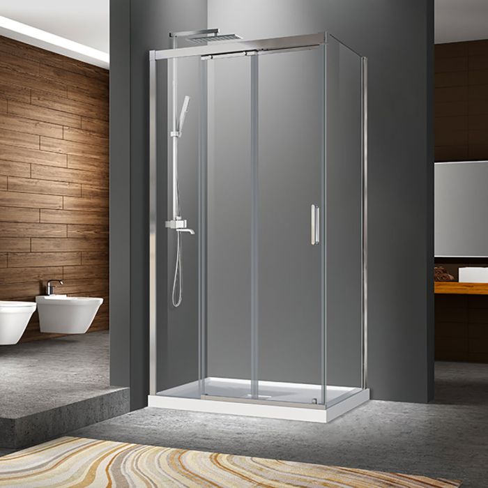 Porte de douche 42 po x Caldara 36 po en coin chrome fermeture sur retour mur à gauche porte à droite