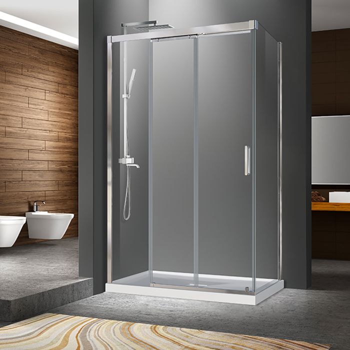 Porte de douche 48 po x Caldara 32 po en coin chrome fermeture sur retour mur à gauche porte à droite