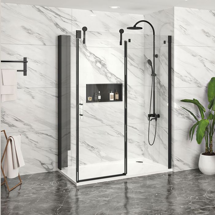 Porte de douche 60 po x Infinite 36 po en coin noir mat fermeture sur retour mur à droite porte à gauche