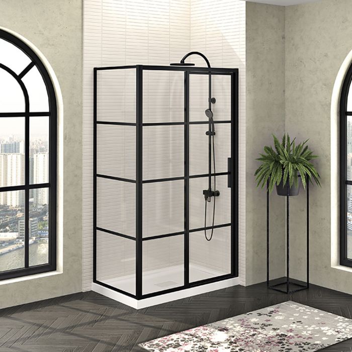 Porte de douche 48 po x Mecanex 36 po en coin noir mat fermeture sur mur mur à droite porte à droite
