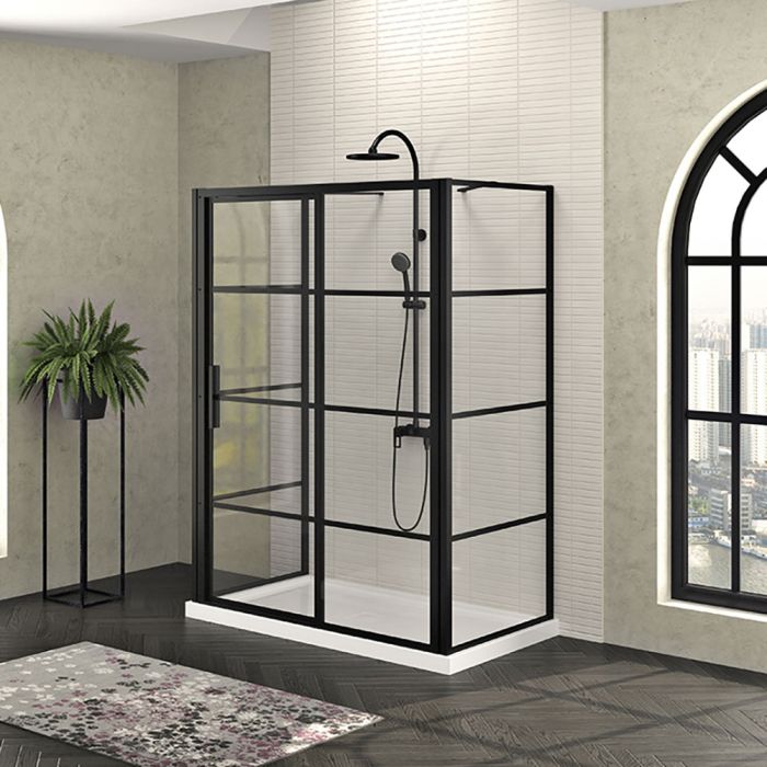Porte de douche 60 po x Mecanex 32 po noir mat sur mur porte à gauche