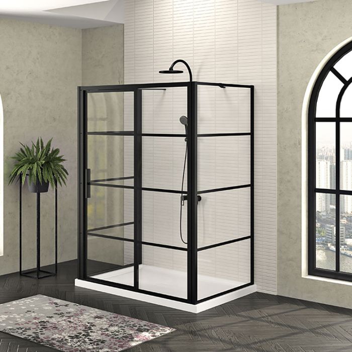 Porte de douche 60 po x Mecanex 42 po noir mat sur mur porte à gauche