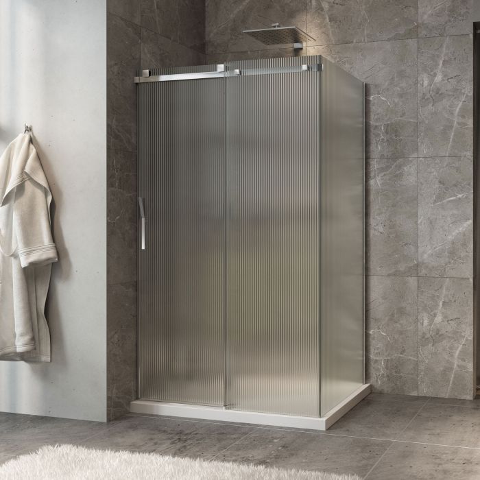 Porte de douche 48 po x Minia 32 po en coin chrome fermeture sur mur mur à gauche porte à gauche en chrome et verre flûte