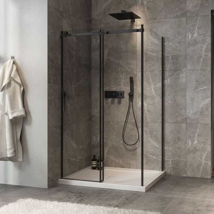 Porte de douche 48 po x Minia 36 po en coin noir mat fermeture sur mur mur à gauche porte à gauche