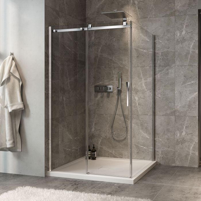 Porte de douche 48 po x Minia 42 po en coin chrome fermeture sur retour mur à gauche porte à droite