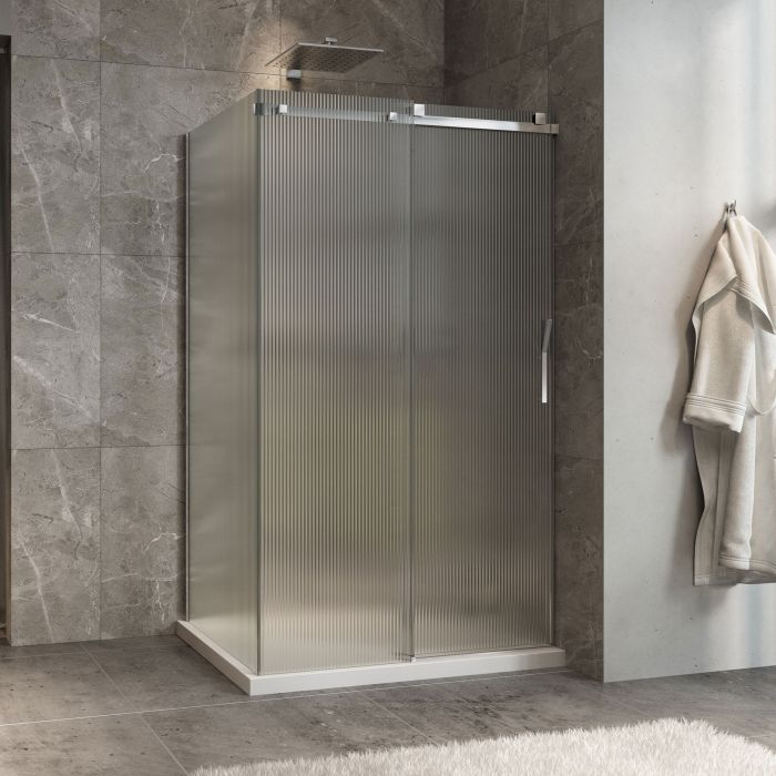 Porte de douche 48 po x Minia 36 po en coin chrome fermeture sur mur mur à droite porte à droite en chrome et verre flûte