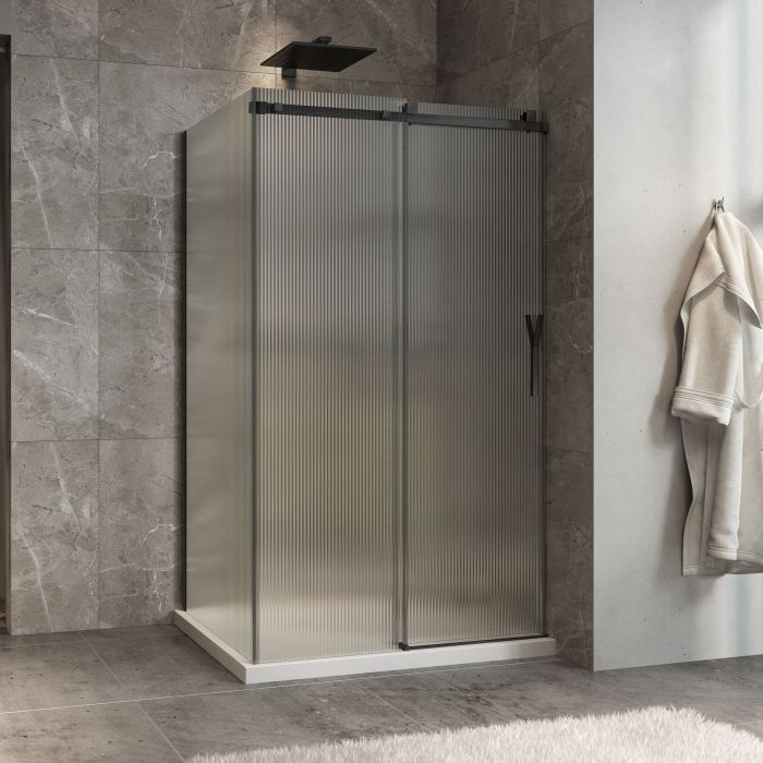 Porte de douche 48 po x Minia 36 po en coin noir mat fermeture sur mur mur à droite porte à droite en noir mat et verre flûte