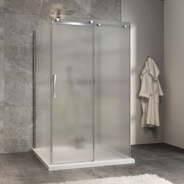 Porte de douche 48 po x Minia 42 po chrome sur mur porte à gauche en chrome et verre flûte