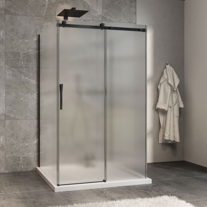 Porte de douche 48 po x Minia 42 po noir mat sur mur porte à gauche en noir mat et verre flûte
