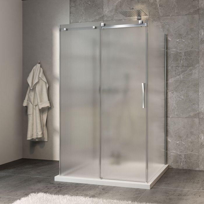 Porte de douche 48 po x Minia 42 po chrome sur mur porte à droite en chrome et verre flûte