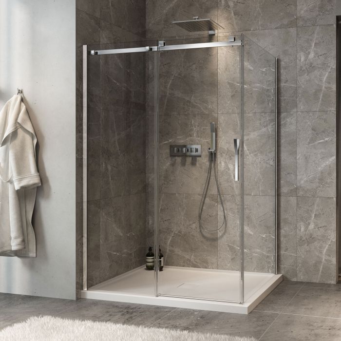 Porte de douche 54 po x Minia 42 po en coin chrome fermeture sur retour mur à gauche porte à droite