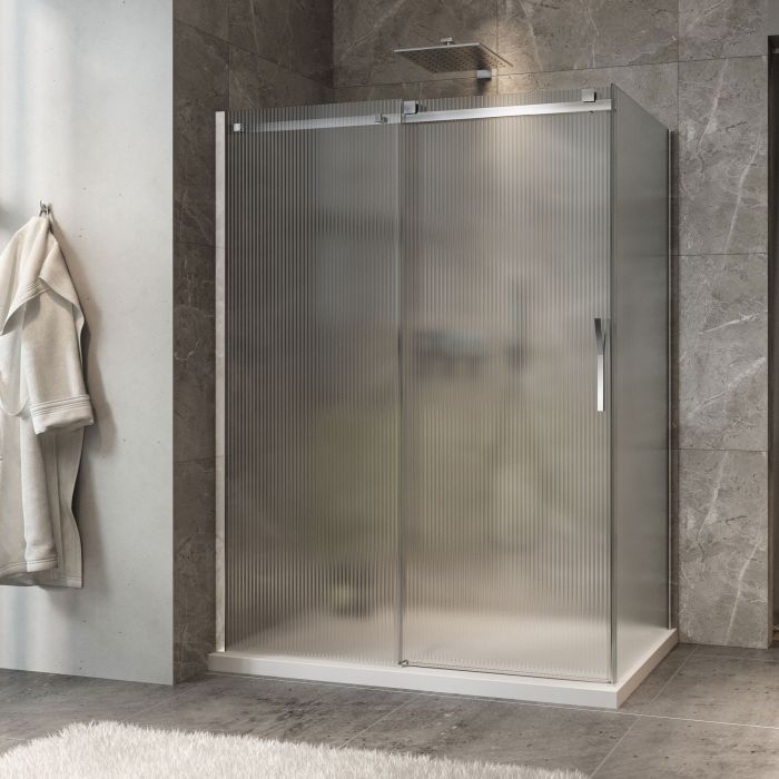 Porte de douche 60 po x Minia 32 po en coin chrome fermeture sur retour mur à gauche porte à droite en chrome et verre flûte