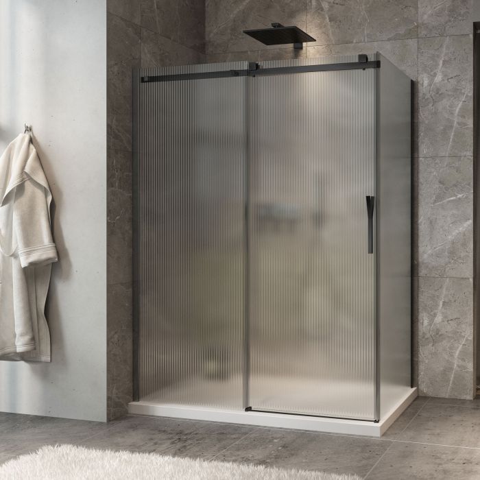 Porte de douche 60 po x Minia 32 po en coin noir mat fermeture sur retour mur à gauche porte à droite en noir mat et verre flûte