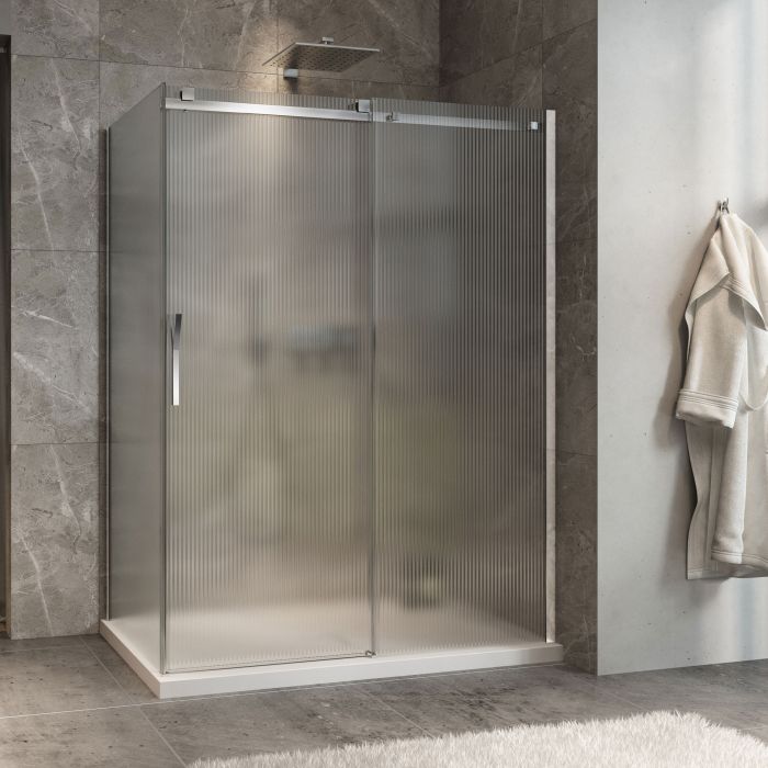 Porte de douche 60 po x Minia 32 po en coin chrome fermeture sur retour mur à droite porte à gauche en chrome et verre flûte