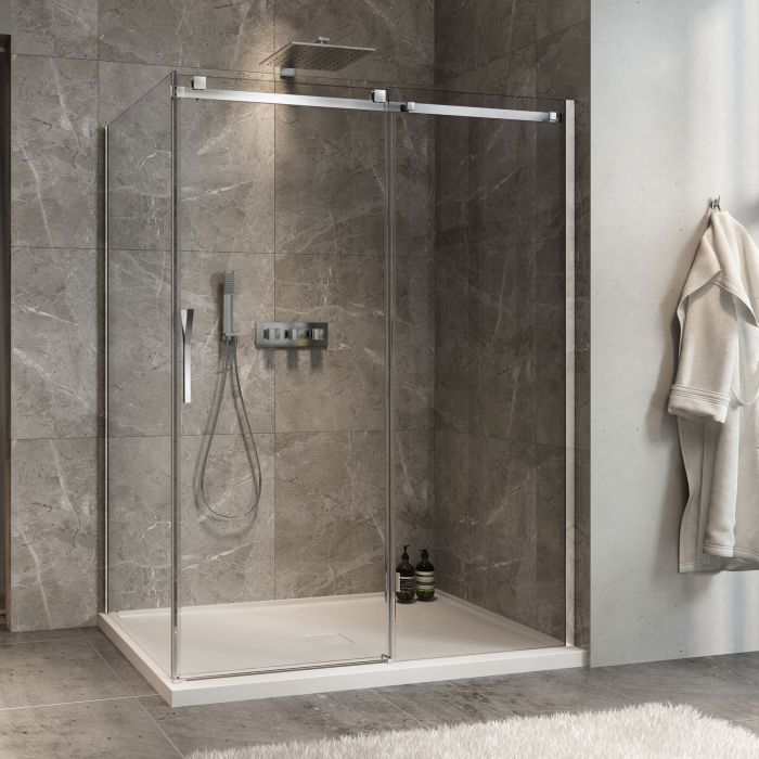 Porte de douche 60 po x Minia 42 po en coin chrome fermeture sur retour mur à droite porte à gauche