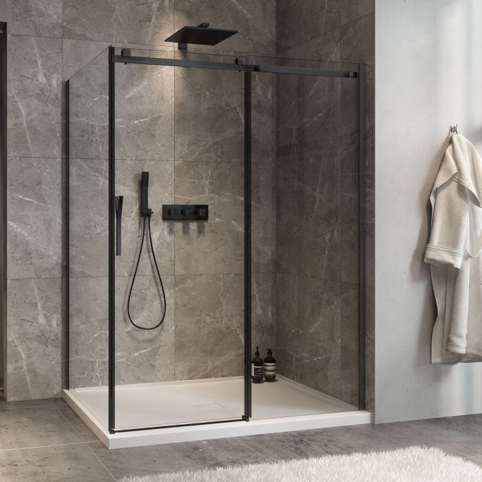 Porte de douche 60 po x Minia 42 po en coin noir mat fermeture sur retour mur à droite porte à gauche