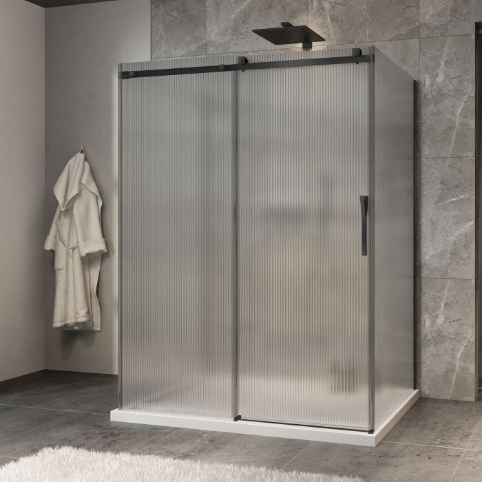 Porte de douche 60 po x Minia 42 po noir mat sur mur porte à droite en noir mat et verre flûte