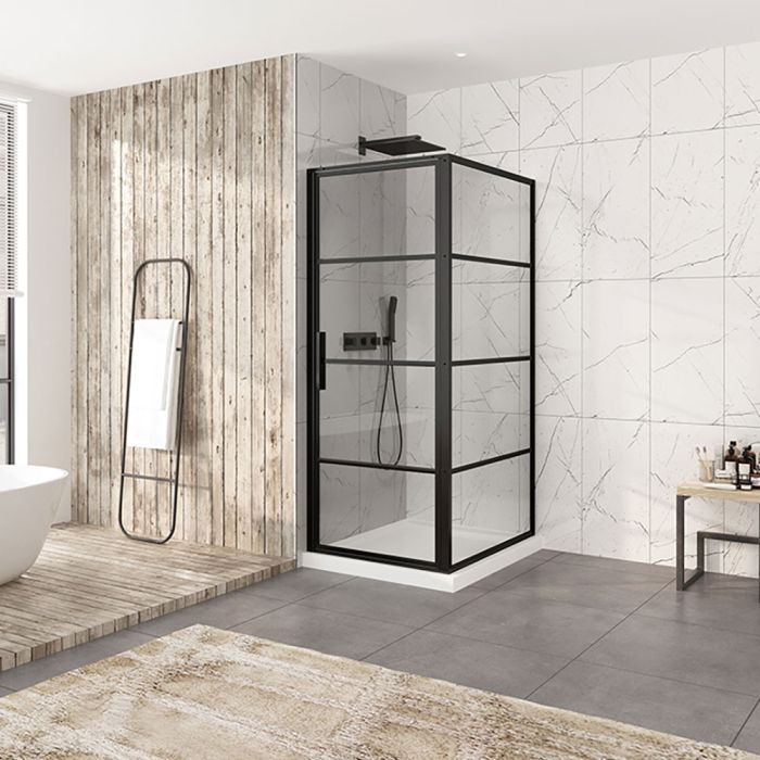 Porte de douche 32 po x Materia 42 po en coin noir mat carré mur à gauche