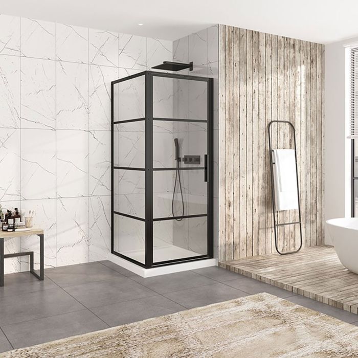 Porte de douche 32 po x Materia 32 po en coin noir mat carré mur à droite