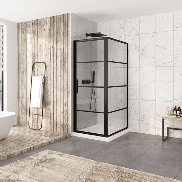 Porte de douche 36 po x Materia 42 po en coin noir mat carré mur à gauche