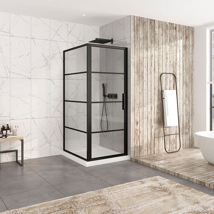 Porte de douche 36 po x Materia 42 po en coin noir mat carré mur à droite